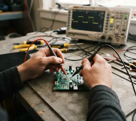 Engineer probing a circuit board with multimeter leads in front of an oscilloscope