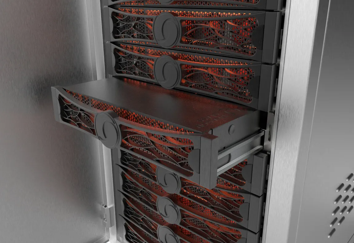 Full rack server design with a pulled tray showing thermal hot spots