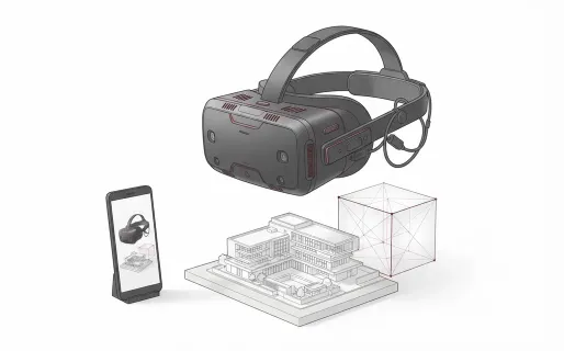 A VR headset beside a phone showing an augmented view of an architectural model, with a wireframe cube projected above the model