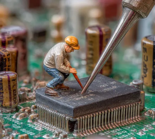 Miniature figure of a technician soldering a chip on a circuit board