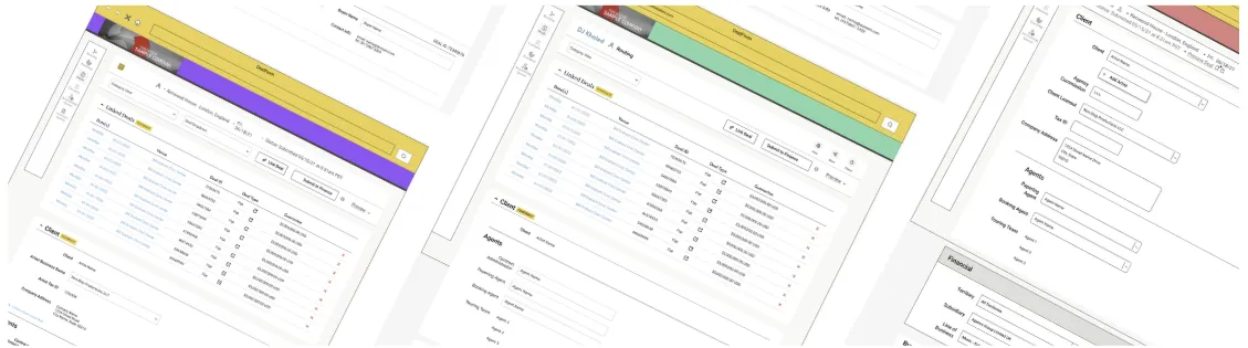 Overlapping high-fidelity booking platform screens for tour dates, agents, and financials