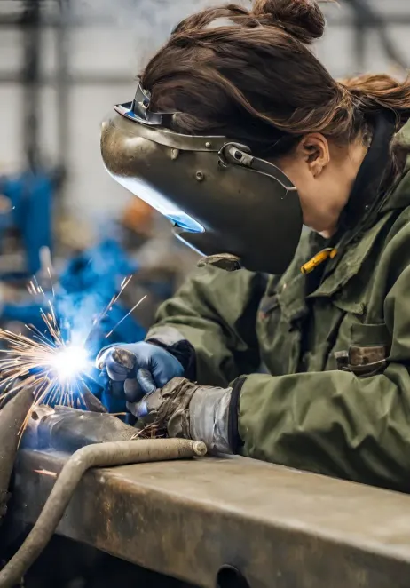 Engineer TIG-welding a steel assembly in the Landi Industries fabrication shop